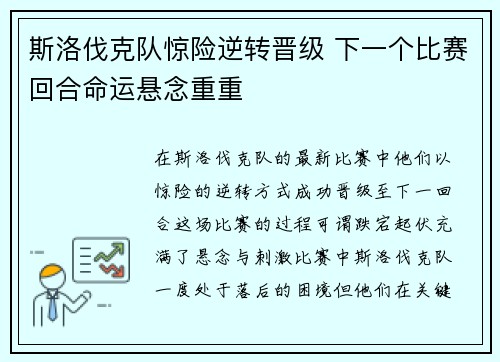 斯洛伐克队惊险逆转晋级 下一个比赛回合命运悬念重重