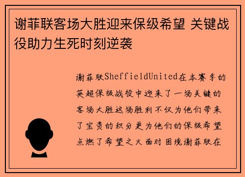 谢菲联客场大胜迎来保级希望 关键战役助力生死时刻逆袭