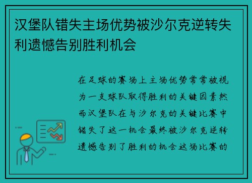 汉堡队错失主场优势被沙尔克逆转失利遗憾告别胜利机会