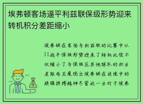 埃弗顿客场逼平利兹联保级形势迎来转机积分差距缩小